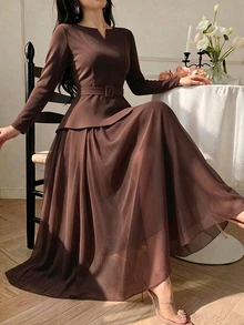 Celisse New Chinese Style Stand Collar Frog Button Flared Long Sleeve, Waist-Cinched Draped Full Skirt Maxi Cheongsam Dress - Dark Brown - View 8