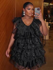 Slaydiva Plus Size Women Mini Dress, Black Sleeveless Deep V Multi-Layer Ruffle Organza Club Party Dress - Black - View 6
