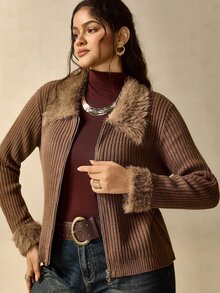 Nubod Plus Size Fitted Elegant Commute Patchwork Fur Collar Zip-Up Knit Cardigan - Brown - View 5