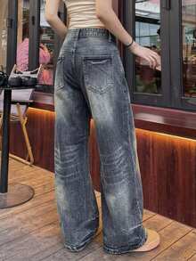 DAZY Women's Blue Washed Distressed High Waist Loose Straight Leg Patchwork Design Casual Versatile Denim Jeans Fall - Blue - View 2