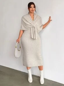 Firerie Atmospheric Knit Cover Up Dress With Multiple Wearing Styles, Knot Detail, V Neck, Loose Fit, Flattering Silhouette, Versatile Fall Cocktail Grey - Apricot - View 8