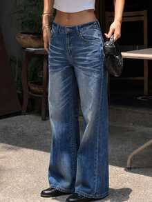 DAZY Women's Blue Washed Distressed High Waist Pocket Button Loose Wide Leg Casual Versatile Denim Jeans - Blue - View 10