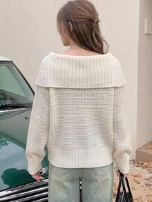 DAZY Women's Cold Shoulder Long Sleeve Solid Color Sweater - White - View 4
