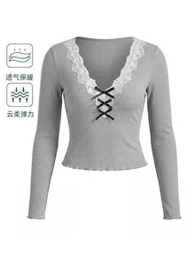 GlowEve Kaos Lengan Panjang Wanita Slim Fit dengan Motif Renda dan Patchwork, Serbaguna untuk Sehari-hari - Grey - View 1