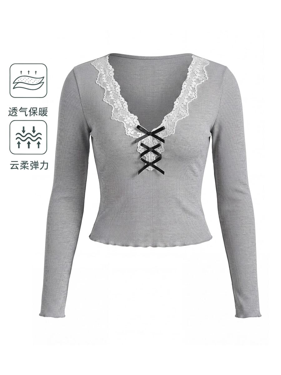 GlowEve Kaos Lengan Panjang Wanita Slim Fit dengan Motif Renda dan Patchwork, Serbaguna untuk Sehari-hari - Grey - View 1