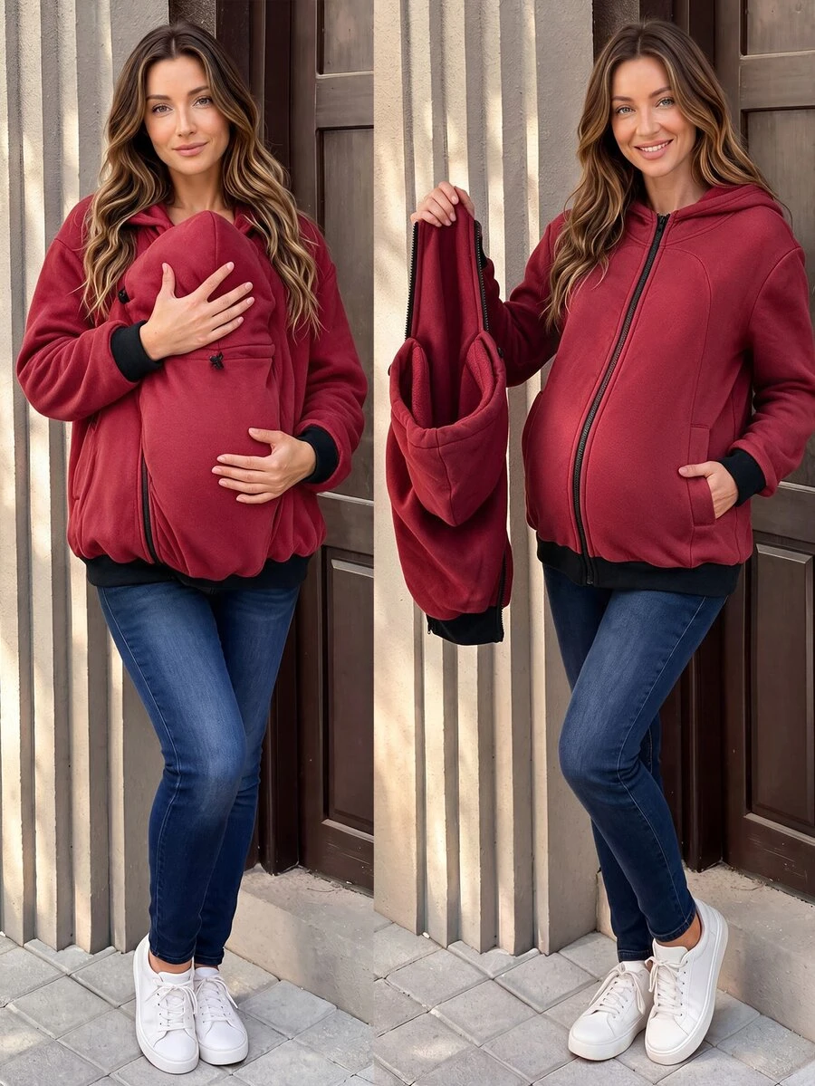 SHEIN Solid Color Maternity Hoodie Jacket 3-In-1 Outerwear For Home - Red - View 1