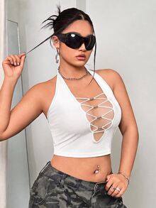 SHEIN ICON 大尺碼女款純色修身掛脖上衣，適合日常穿著 - 白色 - 查看 3