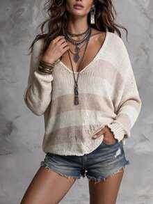 Solivie Women's Vacation Casual Colorblock Striped Cold Shoulder Spaghetti Strap Sweater - Multicolor - View 5