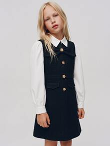 Maija Kids Maija Kids 兒童青少年女孩蝴蝶結設計拼色黑白長袖洋裝 - 黑與白 - 查看 3