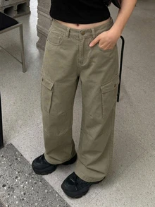 DAZY 青少年女孩工裝口袋寬腿寬鬆休閒牛仔褲 - 軍綠色 - 查看 5