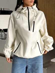 SHEIN EZwear 女款秋冬美式復古運動街頭風連帽拉鍊夾克外套 - 杏色 - 查看 4