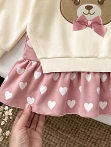 4-7歲女童圓領針織運動洋裝，熊刺繡與3D蝴蝶結裝飾，格紋，甜美學院風，適合秋冬穿著 - 彩色 - 查看 7