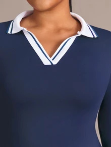 Rhythm Era Women's Plus Size Minimalist Colorblock Collar Long Sleeve T-Shirt - Navy Blue - View 8