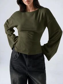 LYSMO 女款純色圓領長袖T恤，極簡風格，適合通勤、日常出遊、聚會、戶外活動、街頭穿搭 - 軍綠色 - 查看 6
