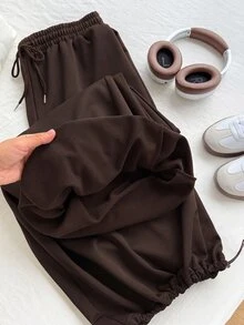 SHEIN EZwear Chocolate Brown Plus Size Spring/Summer Versatile Drawstring Sweatpants - Chocolate Brown - View 1