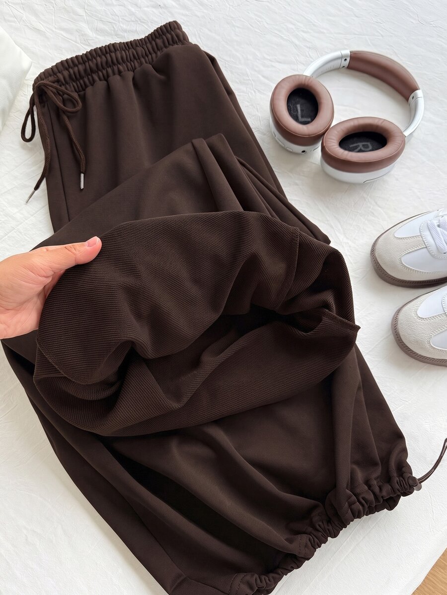 SHEIN EZwear Chocolate Brown Plus Size Spring/Summer Versatile Drawstring Sweatpants - Chocolate Brown - View 1