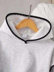 SHEIN 2件組青少年女孩花卉灰色連帽寬鬆落肩長袖羅紋腰部時尚休閒獨特設計套裝，搭配同色系舒適寬腿長褲，休閒運動學院風套裝，適合戶外、室內、運動、派對、學校及任何場合穿著，適用春季、秋季、冬季 - 灰色 - 查看 3