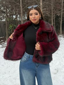 Muchica Plus-Size Burgundy Faux Fur Cropped Jacket For Autumn And Winter, Featuring Toggle Closures And A Full Lining. - Redwood - View 8