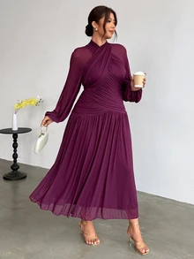 Firerie Plus Size New Cross Design Ruched Lantern Sleeve Asymmetrical Body Gathered Full Flare Long Dress - Red Violet - View 4