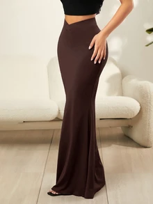SHEIN SXY 女款優雅交叉腰性感美人魚尾中長裙 - 咖啡棕 - 查看 4