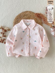SHEIN 女童春秋款仿刺繡花卉圖案粉色與白色條紋花朵印花長袖襯衫，清新輕盈舒適，適合室內外穿著 - 粉色 - 查看 4