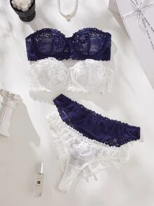 SHEIN White & Blue Strapless Underwire Lace Bra Set, Sweet Feminine Style, 4pcs - Multicolor - View 1