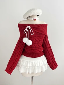 Elamini Women's Red Sexy Versatile Square Neck Cute Pom Pom Daily Commute Christmas Outfit Autumn Winter Pullover Sweater - Red - View 5