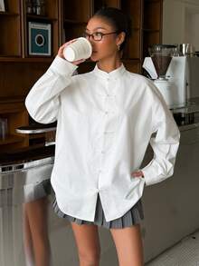 Muchica Women's Autumn New White Modern Chinese Style Stand Collar Frog Button Loose Long Sleeve Blouse - White - View 5