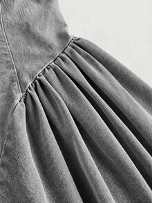 SHEIN MOD 女款時尚方領百褶牛仔洋裝 - 灰色 - 查看 3