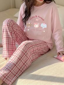 DAZY Tween Girls 2 Pieces Pajama Set, Cartoon Print Top And Plaid Pants, Casual Fashion Creative Personalized Fresh Cute - Baby Pink - View 1