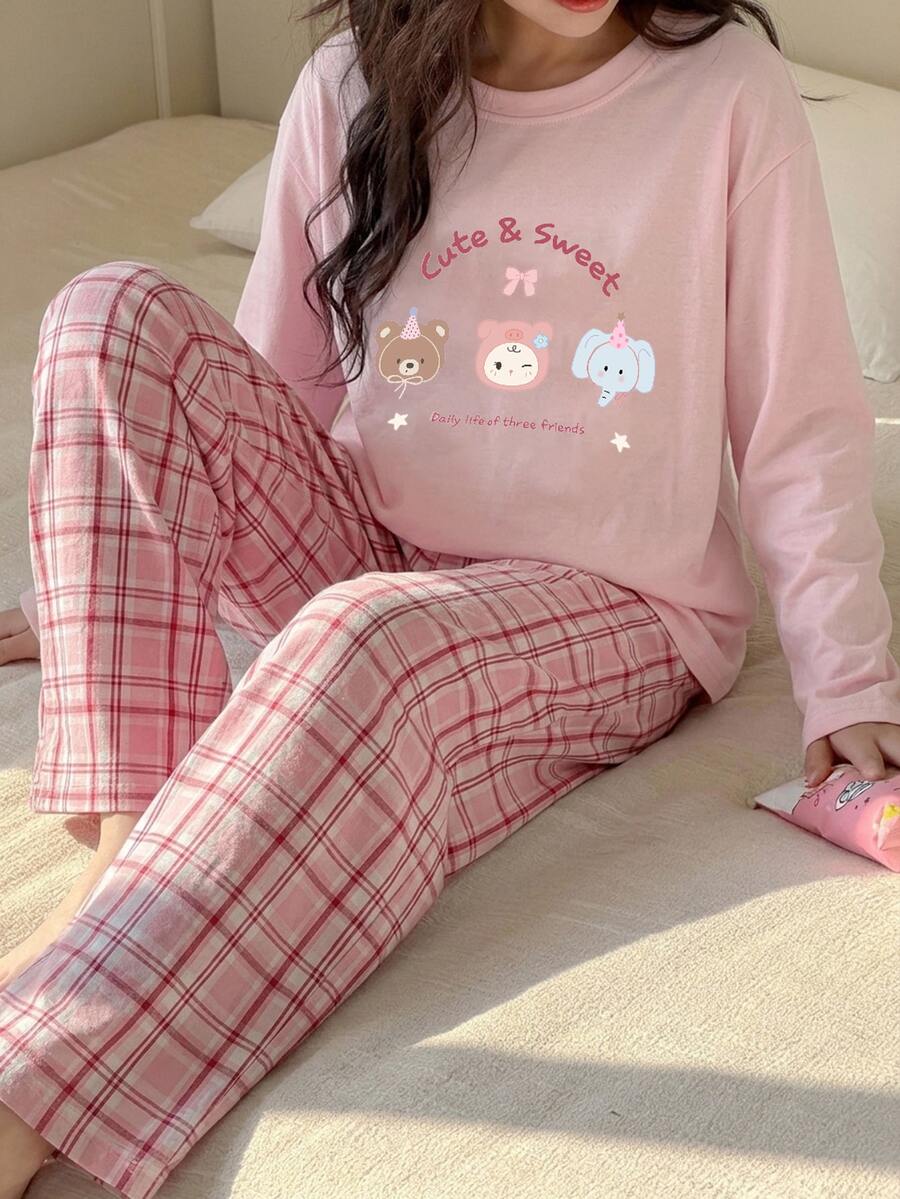 DAZY Tween Girls 2 Pieces Pajama Set, Cartoon Print Top And Plaid Pants, Casual Fashion Creative Personalized Fresh Cute - Baby Pink - View 1