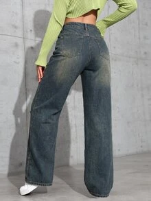 SHEIN EZwear 女款寬鬆寬腿休閒百搭牛仔褲，附口袋 - 深色水洗藍 - 查看 2