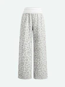 SHEIN 青少年女孩/Tween女孩秋冬休閒街頭時尚灰色豹紋高腰抽褶拼色拼接寬鬆直筒運動長褲，適合返校季與日常穿著 - 淺灰色 - 查看 3