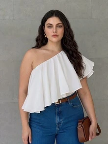 Anewsta Plus Size Women's New Summer Casual Asymmetrical Shoulder Blouse Asymmetric Ruffle Hem Solid Color Elegant Top Suitable For Daily Wear Vacation Commute - White - View 1