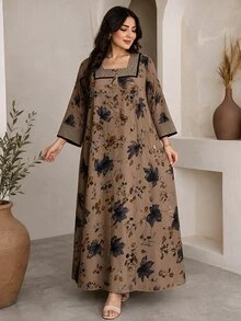 Al Najma Plus Size Women Woven Digital Position Print Burnout Long Sleeve Button Closure Elegant Casual Dress - Multicolor - View 5