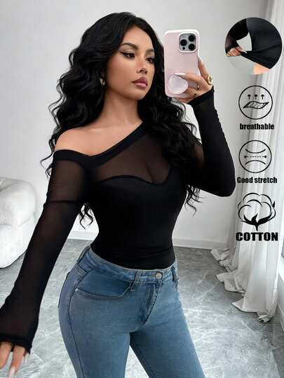 SHEIN Raffinéa New Women's Elegant Sexy Mesh Patchwork Curved Neckline Design Waist-Cinching Fitted Long Sleeve Black T-Shirt
