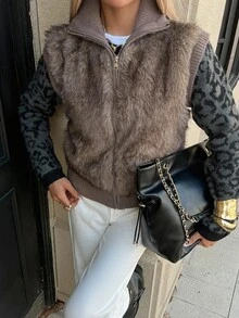 Livesso Brown High Neck Plush Patchwork Leopard Print Sleeve Zipper Slim Fit Casual Colorblock Faux Fur Jacket - Khaki - View 4