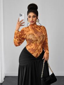 Maweii Plus Size Orange Mesh Patchwork Fitted Long Sleeve Waist-Cinching Dress For Women - Orange - View 2
