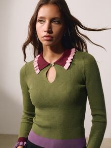 Nöista Women's Contrast Color Lapel Long Sleeve Slim Fit Versatile Sweater - Green - View 3