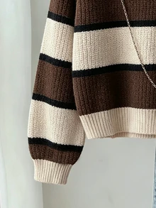 Young Girls Sweaters Round Neck Apricot Khaki Coffee Striped Color Block Pullover Sweater Soft Knit Minimalist Design Long Sleeve Top Suitable For Autumn Winter Casual Outing Party Photo Shoot Play - Multicolor - View 6