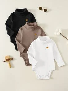 SHEIN 中性新生兒男嬰連身衣，純色保暖內裡加厚高領連身套裝，多件組，嬰兒秋冬服飾 - 彩色 - 查看 1