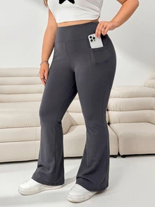 Solflare Plus Size Minimalist Casual Pocket Elastic Flare Pants Fall - Dark Grey - View 4