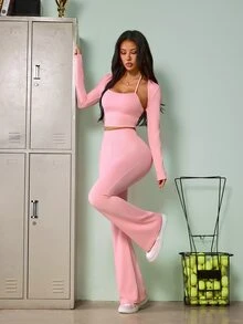 SHEIN Sovereign Charm Women's Solid Color Minimalist Halter Neck Tank Top And Flared Long Pants With Long Sleeve Cardigan Sports Set - Pink - View 3
