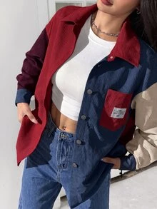 SHEIN EZwear Women's Plus Size Colorblock Patchwork Long Sleeve Shirt Fall - Burgundy - View 1