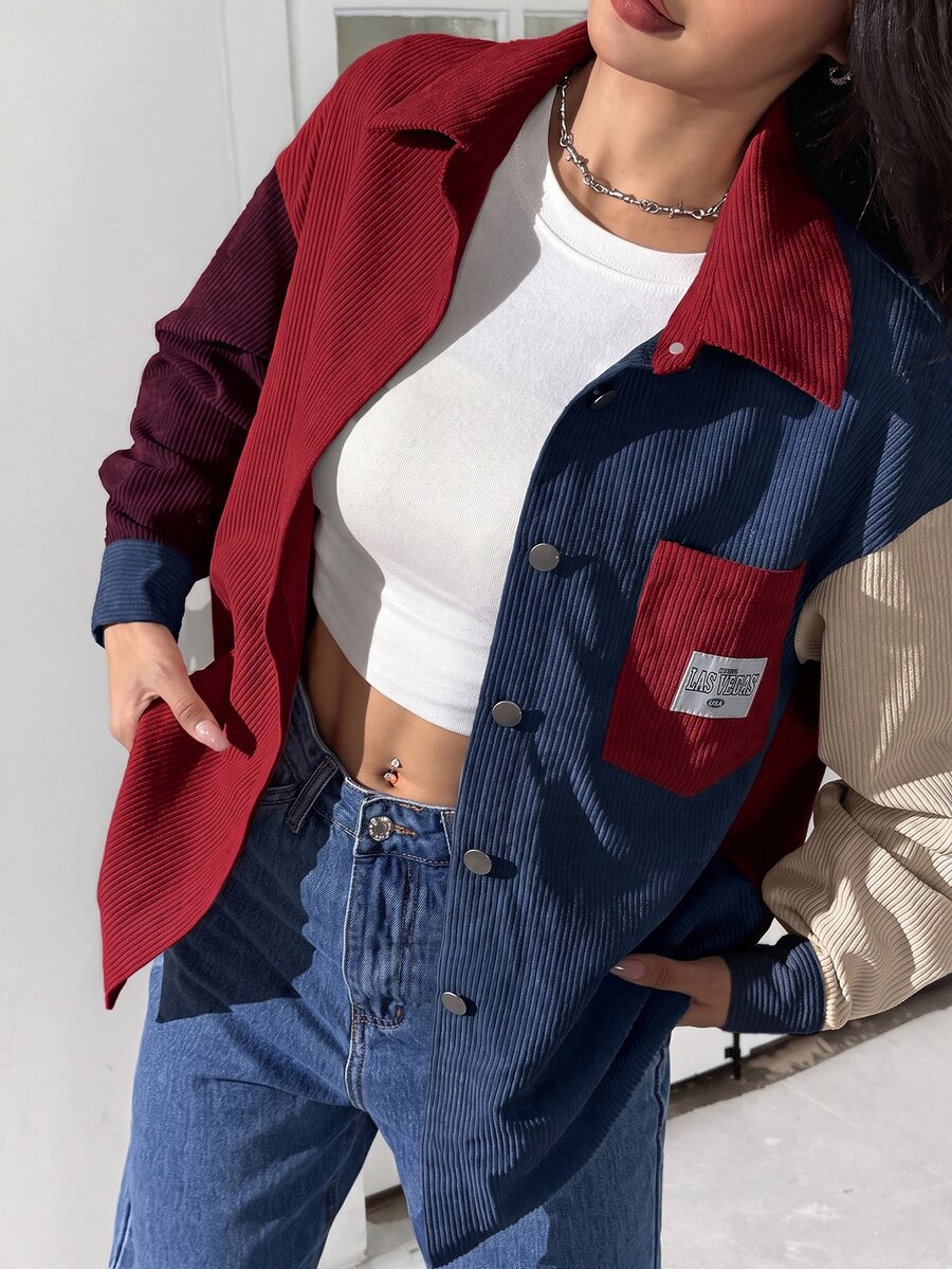 SHEIN EZwear Women's Plus Size Colorblock Patchwork Long Sleeve Shirt Fall - Burgundy - View 1