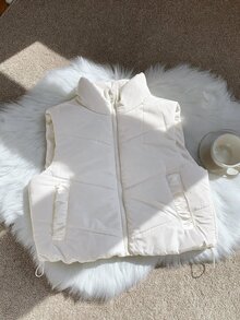Comfortcana Plus Size Casual Stand Collar Black Padded Vest In Fall/Winter - Beige - View 6