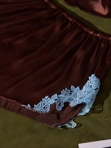 SilkySpell Set Piyama Wanita Seksi Sutra 2 Potong, Baju Tidur Renda Bordir Warna Kontras, Set Piyama Satin Halus - Coffee Brown - View 4