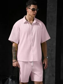 Genlund 男士純色壓紋鈕扣襯衫短褲套裝 度假淺粉色夏季熱帶休閒老錢風聖誕 - 粉色 - 查看 4