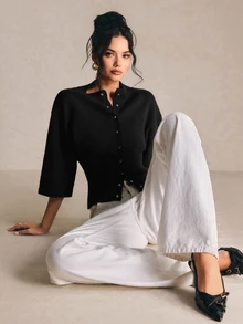 Poéselle 女款純色短袖開襟針織衫，適合約會、度假、派對、日常出遊、聚會、戶外活動 - 黑色 - 查看 7