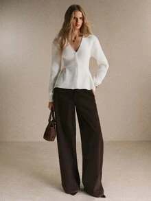 Poéselle Women's Ivory Ribbed-Knit Peplum Cardigan – Slim-Waist Deep V-Neck Button-Front Sweater With Flared Hem And Long Sleeves Chic Fall Winter Sweater - Apricot - View 4